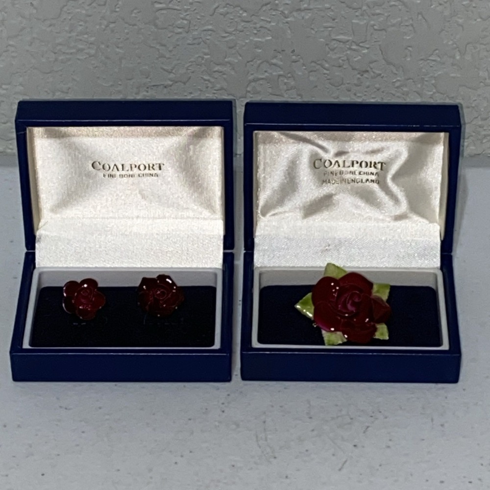 VTG Coalport England Fine Bone China Red Rose Flower Clip on Earrings Brooch Set